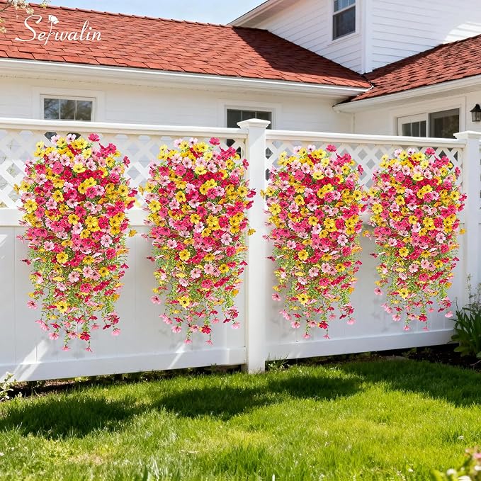 Serwalin 6PCS Artificial Hanging Flowers for Outdoors, UV Resistant Fake Hanging Plants, Realistic Weatherproof Outdoor Decor for Patio, Porch, Garden & Window (Yellow, Hot Pink & Pink,6PCS)