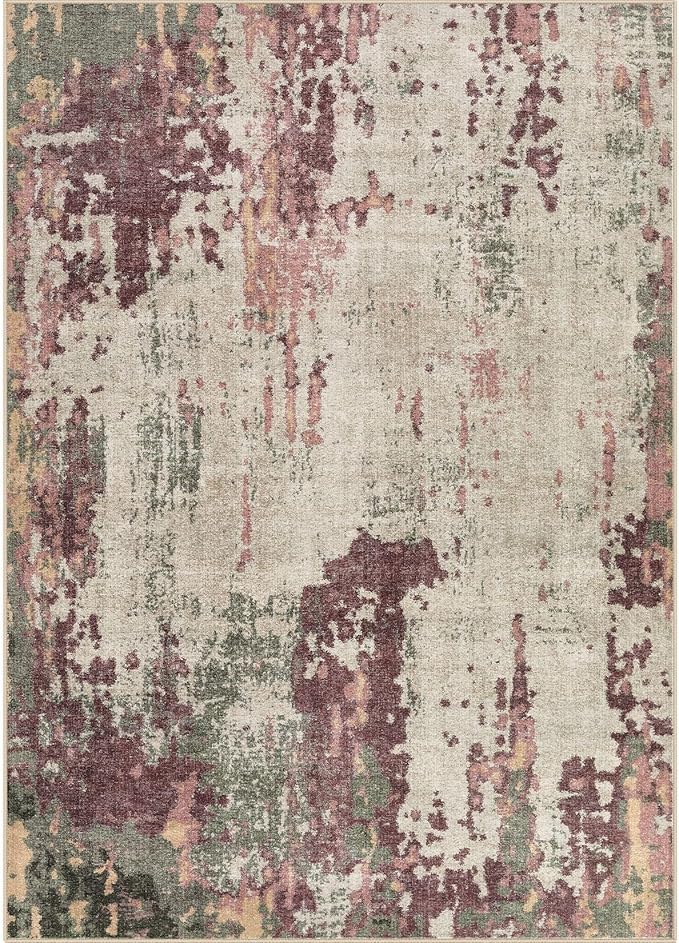 UERMEI 6x9 Area Rug Living Room Rugs - Washable Neutral Modern Abstract Soft Thin Rug Indoor Floor No Slip Rug Carpet for Bedroom Under Dining Table Home Office Decor - Purple/Green/Beige
