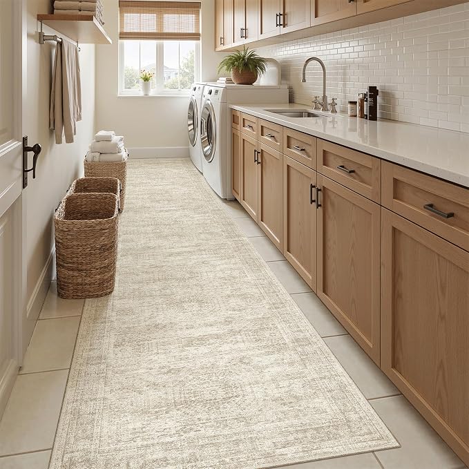 Soalmost Runner Rug 2'6" x 12' Washable Non-Slip Runner Rugs for Kitchen Bathroom Laundry Room Vintage Ultra Thin Runners for Hallway Entryway Beige