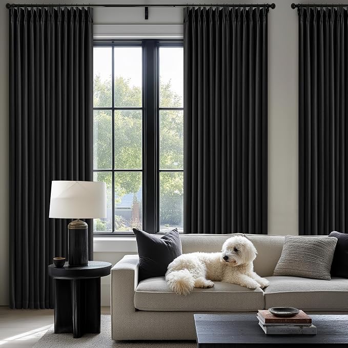 Black 96 Inch Blackout Pinch Pleated Curtains 2 Panel Set for Living Room Darkening Thick Linen Textured 100% Black Out Drapes 96 Inches Long Pinch Pleat Back Tab Light Blocking Bedroom Curtains