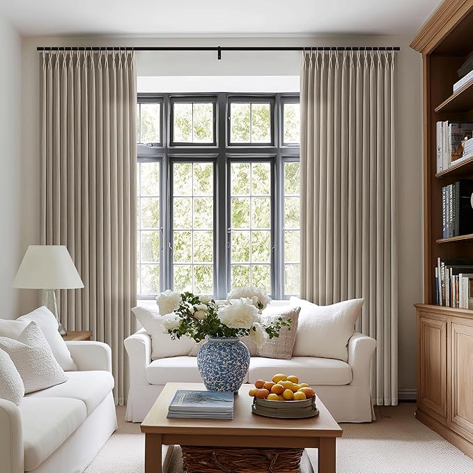 Dark Flax Pinch Pleated Linen Curtains 94 Inches Long 2 Panels for Living Room Bedroom Rustic Linen Farmhouse Semi Sheer Pinch Pleat Taupe Grey Beige Curtain Drapes with Hooks Rings 94 Inch Length