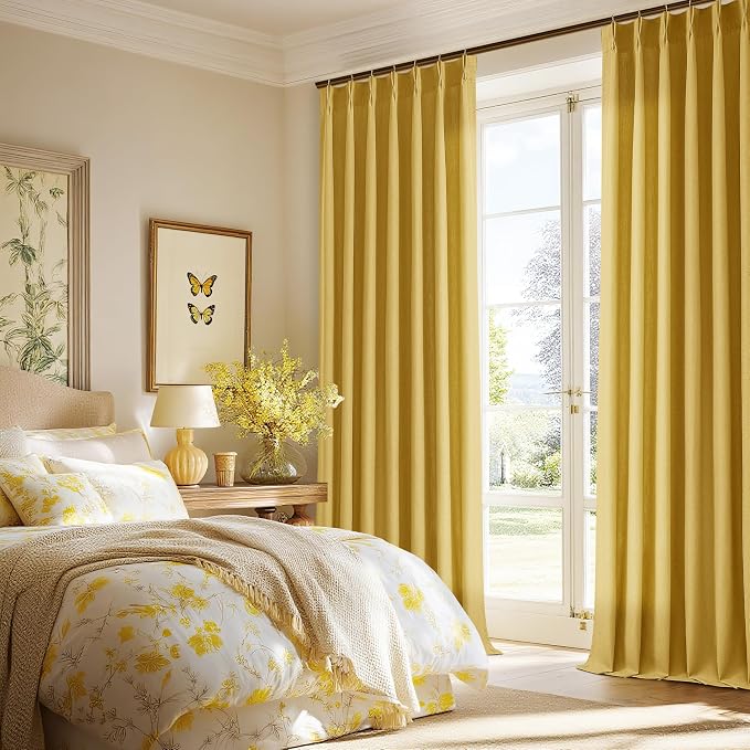 Mustard Yellow Linen Curtains 96 Inch Pinch Pleated for Living Room Bedroom Dining Boho Light Filtering Spring Decor Pinch Pleat Drapes Back Tab Semi Sheer Harvest Autumn Golden Ochre Window Curtains