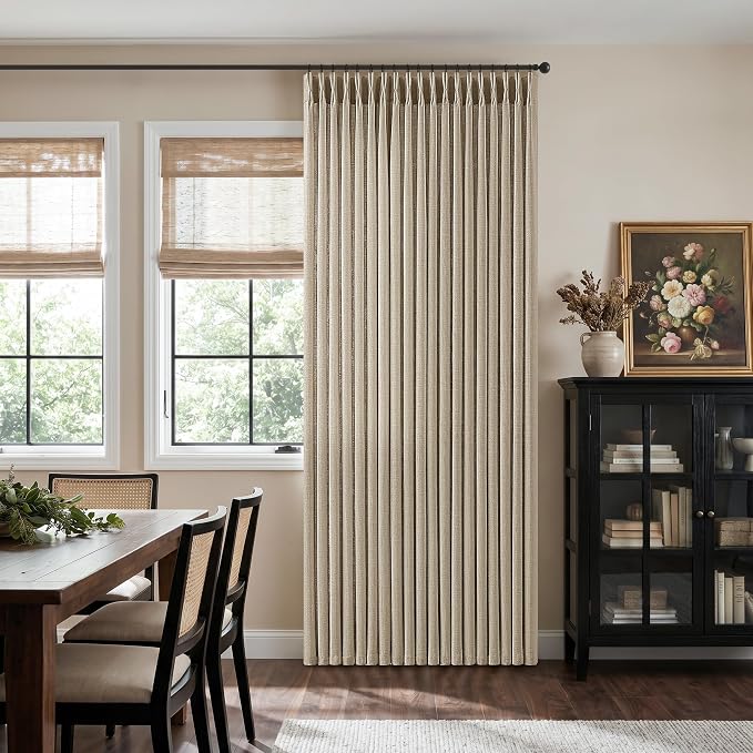 70 Inch Wide Pleated Burlywood Birch Curtains 96 Inches Long 1 Panel Taupe Thick Linen Semi Sheer Back Tab Pinch Pleat Curtains for Sliding Door Balcony Memory Shaped Light Filtering Door Drapes 70x96