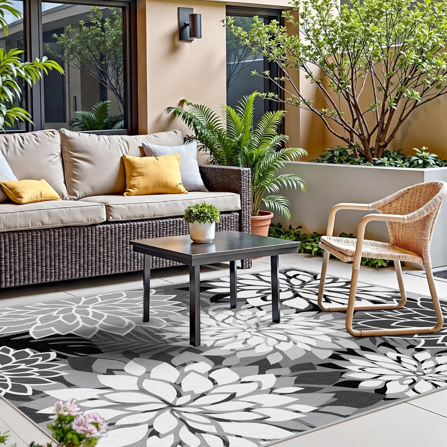 Indoor Outdoor Area Rug Washable Multicolored Rug Tropical Botanical Modern Floral Indoor Outdoor Carpet Black White Rug Non Slip Non Shedding for Patio, Deck, Backyard, Porch (6x9)