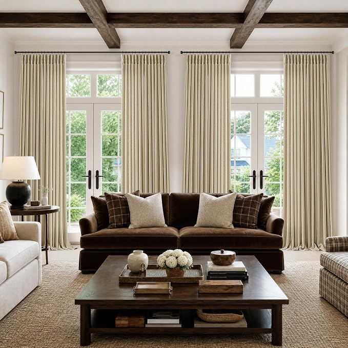 96 Inch Pinch Pleated Linen Oatmeal Curtains Sand Beige Cottage Light Filter Sheer Burlap Textured Pinch Pleat Drapes for Living Dining Room Bedroom Back Tab Floor Length Curtains 2 Panels 40x96