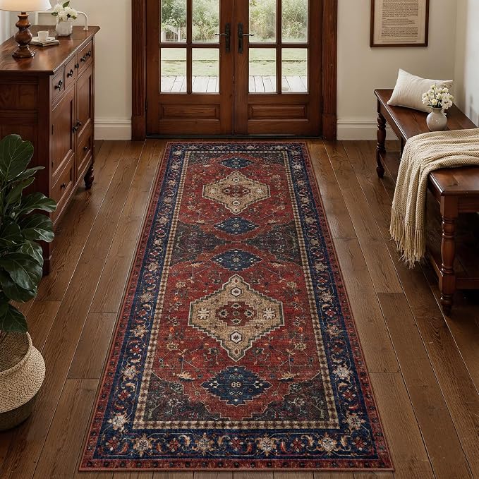 Tangsoo Red 2x5 Washable Runner Rug for Hallways, Non Slip Oriental Runner Rugs, Soft Low Pile Long Rug Runner, Vintage Carpet Runners for Kitchen Bedroom Entryway Bathroom Living Room Red/Beige