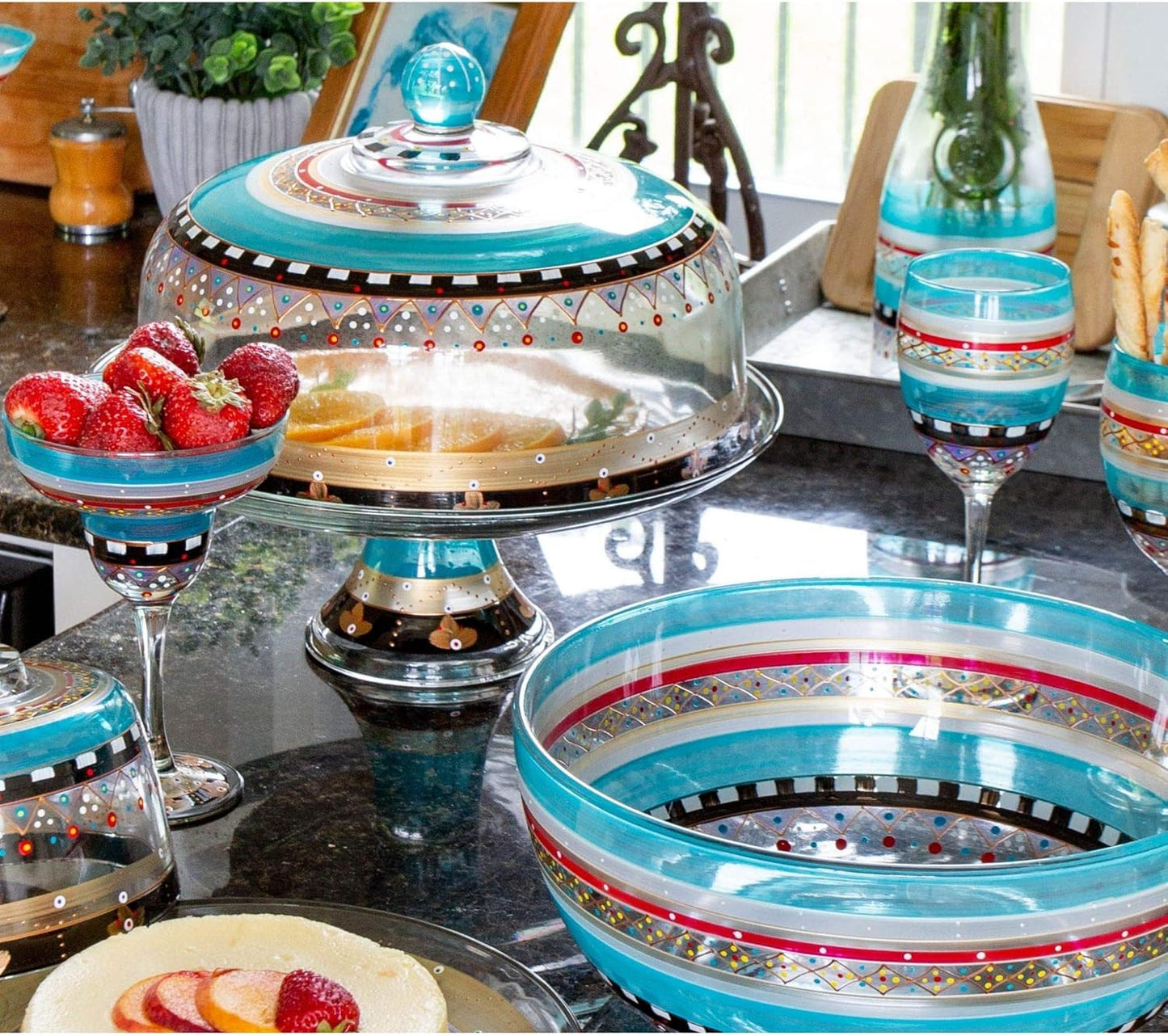 Set of 2 Mosaic Carnival Confetti Hand Painted Glass Serving Bowls 6"