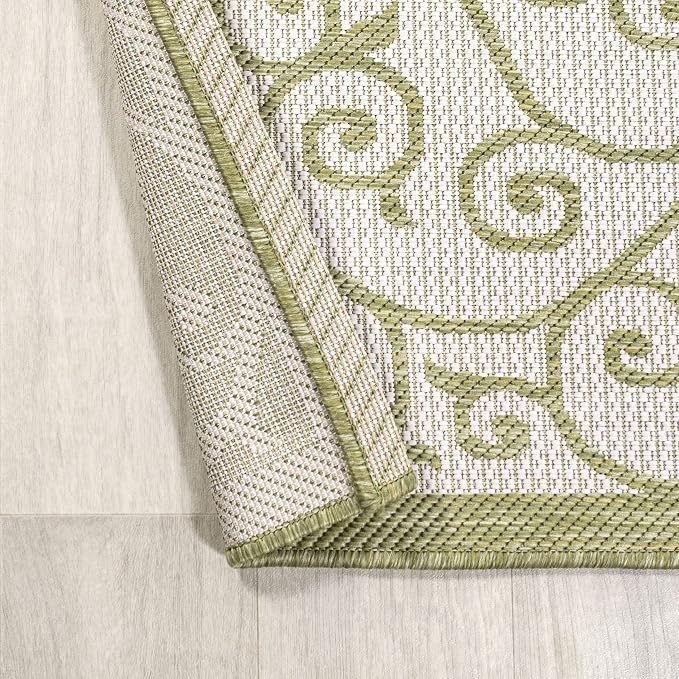 JONATHAN Y Vintage Filigree Indoor Outdoor Runner Rug 2X10 Green/Cream, Madrid Textured Weave for Backyard, Patio, Porch, Easy-Cleaning, High Traffic, Pet-Friendly, Non-Shedding (SMB107H-210)