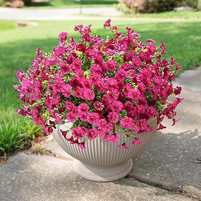 HyeFlora Artificial Flowers for Outdoors Fake Plants Outside Decoration, 12 Bundles Faux Fuchsia Morning Glory UV Resistant Look Real Silk Flowers for Outside Planter Front Door Porch Patio Yard Urn