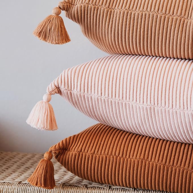 Soft Cotton Throw Pillow Cover with Ribbed Knit Texture and Tassel Corners Decorative Accent for Couch or Bed (18x18, Burnt Orange)