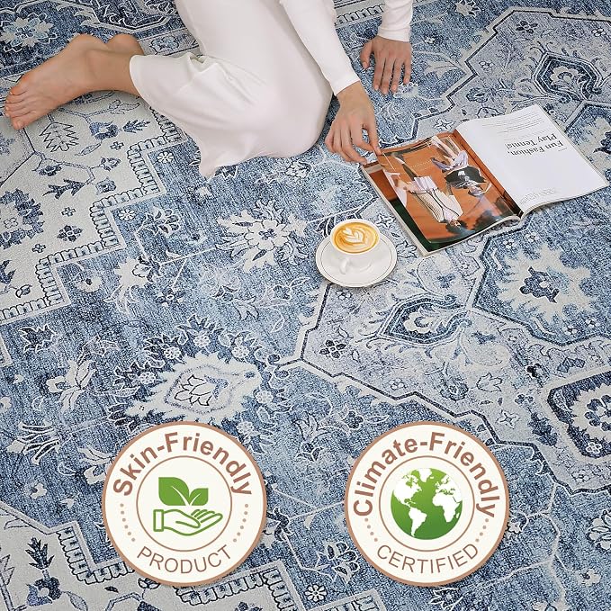 9x12 Area Rug Living Room: Washable Boho Large Neutral Vintage Soft Rug Stain Resistant Farmhouse Non-Slip Indoor Floor Retro Carpet for Bedroom Nursery Kids Office Dining Room- Blue Gray