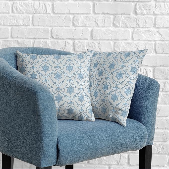 Winter Snowflakes Pillow Covers Blue Block Print Throw Pillow Covers Vintage Neutral Pillowcase 16x16 Set of 2 Elegant French Cushion Case for Living Room Couch Sofa