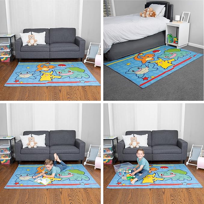 Pokémon Kids Room Blue Non Slip Area Rug, 69 in x 52 in, (Officially Licensed Product) by Franco
