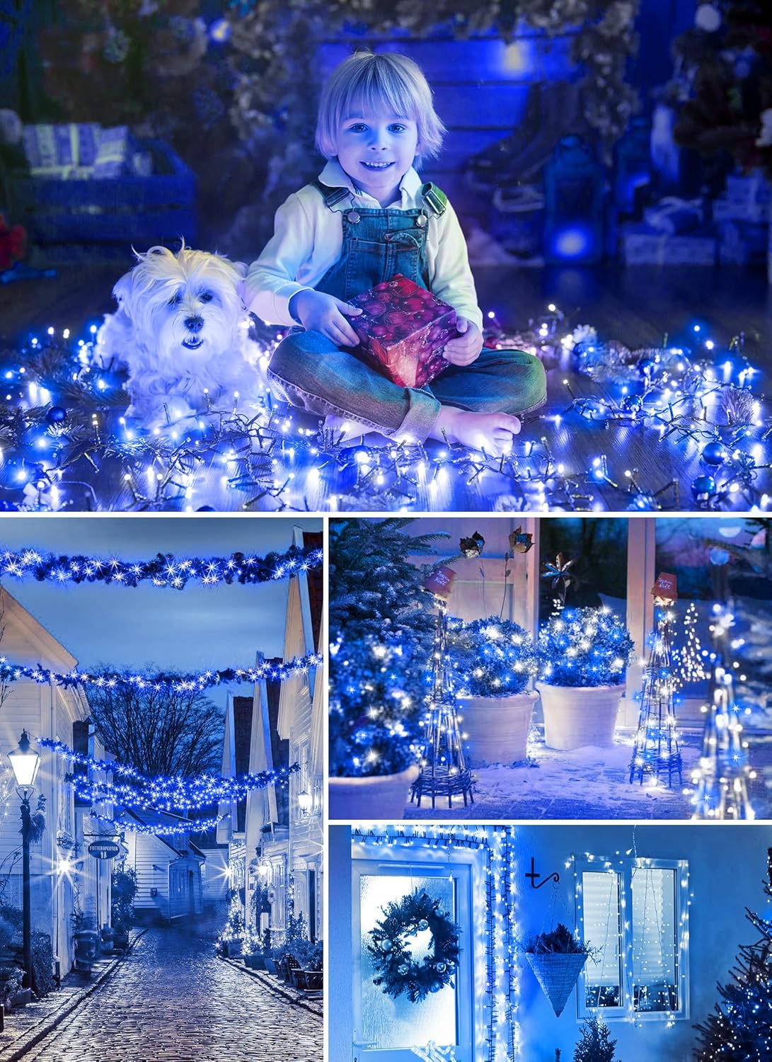 Minetom Solar String Lights - 4 Pack, 160FT, 400 LED with 8 Modes, Waterproof, Outdoor Christmas Lights for House & Tree, Blue & White