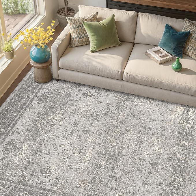 Modern Farmhouse 8x10 Washable Rug for Living Room, Neutral Gray Vintage Distressed Rug, Soft Non-Slip Low Pile Carpet for Bedroom, Dining Room & Home Office