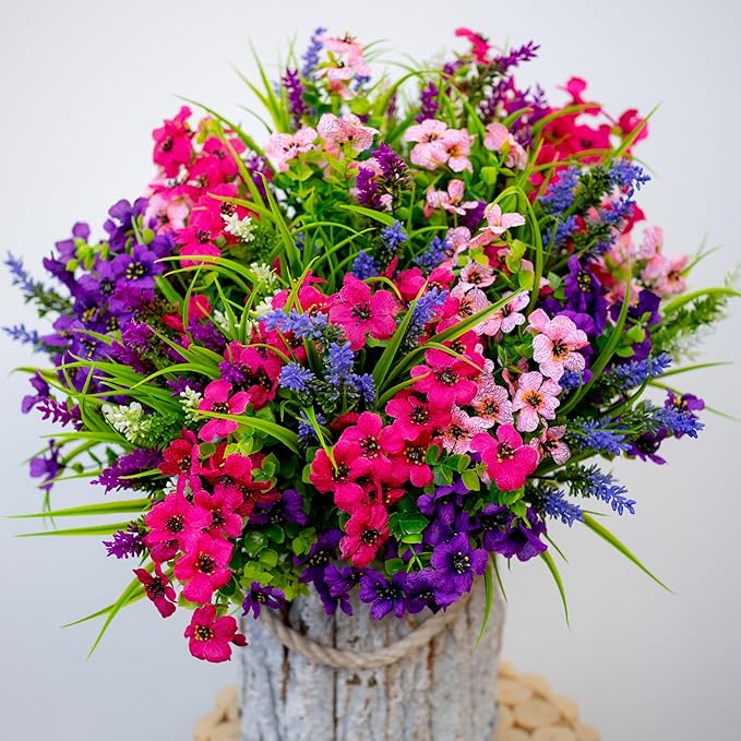 AXYLEX Artificial Flowers Outdoor Shrubs - 16 Bundles Fake Plants UV Resistant No Fade Faux Plastic Greenery Home Garden Porch Patio Decoration Office Indoor (1, Multi-16pcs)
