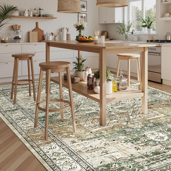 Soalmost 9x12 Area Rugs for Living Room, Non Slip Machine Washable Vintage Rugs, Low Pile Lightweight Large Rug for Bedroom, Dining Room, Home Office Olive