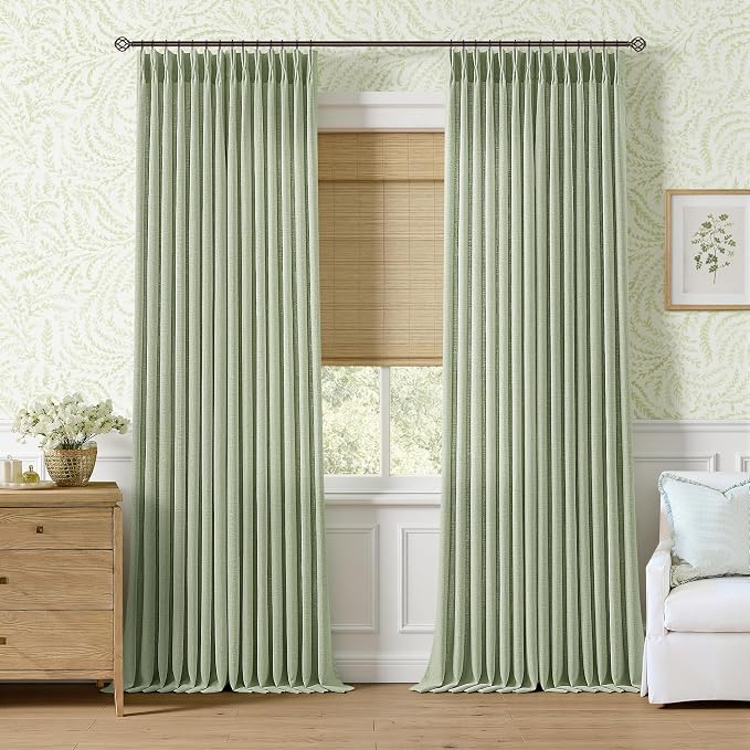 Sage Green Thick Linen Extra Long Curtains 120 Inches Long Light Filtering Sheer Memory Shaped Pinch Pleat Drapes for Tracks Farmhouse Bohemian High Ceiling Curtains for Living Room Bedroom 120 Inch