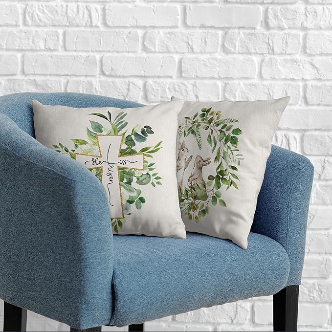 Easter Throw Pillow Covers Set of 2 Spring Wreath Garland Bunny Pillow Protectors He is Risen Cross Decorative Pillow Case 22x22 for Easter Decorations Couch Patio