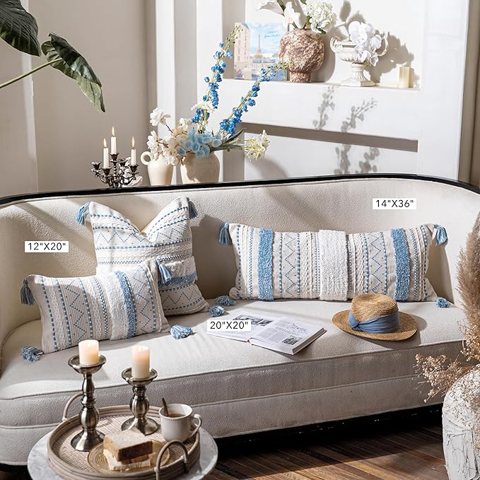 BlissBlush Decorative Lumbar Throw Pillow Covers 12x20 Combo Set of 2 Rectangular Coastal Blue Boho Accent Pillowcase Neutral Farmhouse Cushion for Couch Sofa Bedroom Living Home Décor Cover ONLY