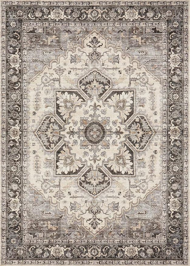 Area Rug for Living Room - 10x14 Soft Machine Washable Oriental Vintage Floral Distressed Large Indoor Floor Carpet for Bedroom Under Dining Table Home Office Decor - Grey Brown