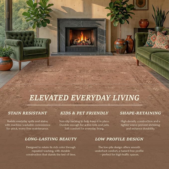 TALANOVA Terracotta 8x10 Washable Area Rugs for Living Room, Non-Slip Low Pile Rust Vintage Distressed Geometric Rug, Southwestern Boho Decor for Bedroom & Dining Room