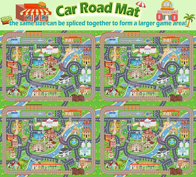 Car Rug Play Mat for Kids Toy Cars, Road Traffic Playmat for Kid Bedroom, Non-Slip Machine Washable Town City Race Track Carpet for Learn and Have Fun 4'x5'/ 48"x60"