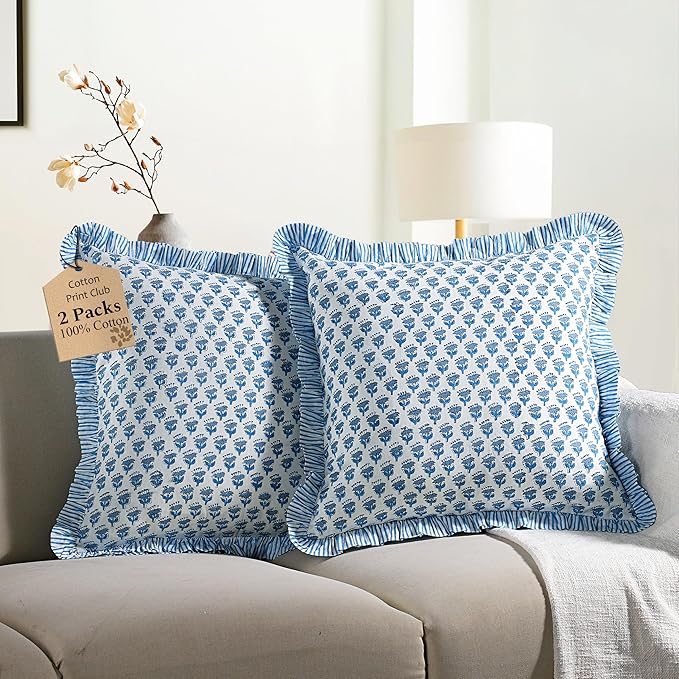 CPC Block Print Ruffle Throw Cover Apatite Blue 20"x20" Inch Pack of 2-100% Cotton Ruffle Couch Decorative Boho Pillows Case for Living Room, Bedroom, Sofa, Farmhouse Gift for Spring, Mother's Day