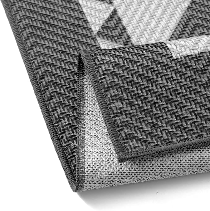 HUGEAR 8x10 Outdoor Rug Black/Grey Linen-Look Fabric Checkered Area Rug High Traffic Stain Resistant Easy Clean Durable Rugs for Indoor/Outdoor Patio Deck Balcony Porch Garden Courtyard