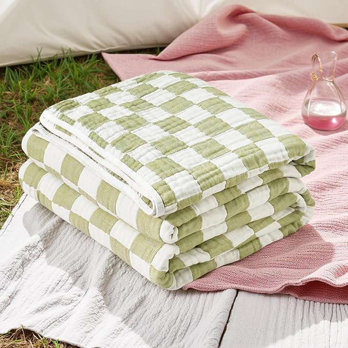 NIDITW Checkerboard Cotton Muslin Throw Blanket for Couch 6-Layer Checkered Gauze Blanket Soft Breathable All Season for Couch Bed Sofa (Matcha Green, King)