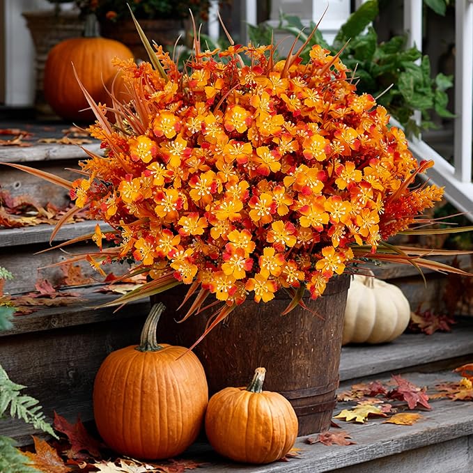 AXYLEX Artificial Fall Flowers Outdoor Fake Mums - 16 Bundles Fake Plants UV Resistant No Fade Faux Plastic Greenery Garden Porch Patio Fall Home Decor (1, OrangeGreen)