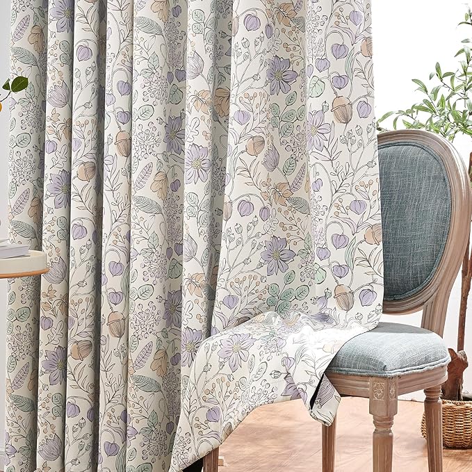 jinchan Nursery Curtains 95% Blackout Purple Floral Curtains for Girls Room, 96 Inch Length Farmhouse Drapes for Bedroom Living Room Darkening Window Treatment Grommet Top Set of 2 Panels