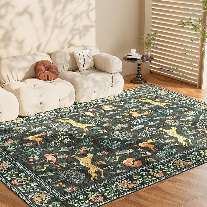 DUKINO 8x10 Rug, Washable Animal Living Room Rug with Non Slip Vintage Design, Soft Low Pile Large Carpet for Bedroom, Nursery, Dining Room, Farmhouse, Playroom, Black