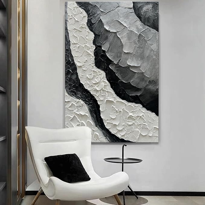 NANKAI Art Hand-Painted Thick Texture Black and White Minimalist Oil Painting 45x30 inch Large Office Corridor Living Room Wall Decorative Art Painting