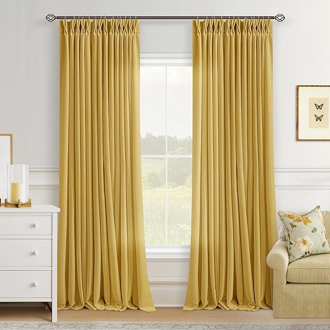 Mustard Yellow Linen Pinch Pleated Curtains 108 Inches Long 2 Panels for Living Room Bedroom Light Filtering Drapes 108 Inch Length Spring Harvest Fall Semi Sheer Memory Trained Ceiling Floor Curtain