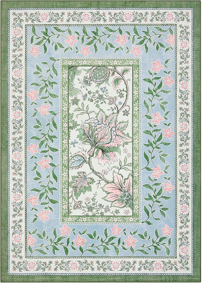 GarveeHome Blue Green Pink Area Rugs 9x12 Living Room, Botanical Grove Cottage core Washable Non-Slip Rug for Bedroom Dining Nursery Low-Pile Vintage Large Soft Carpet