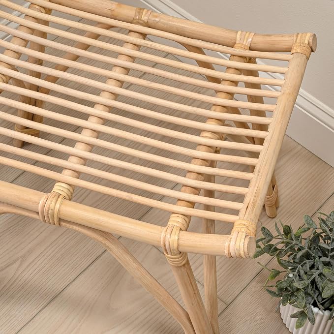 JONATHAN Y Gabriel 18" Handcrafted Rattan and Teak Wood Vanity Stool, Bohemian Backless Accent Ottoman Footstool, Natural Brown STL3005A