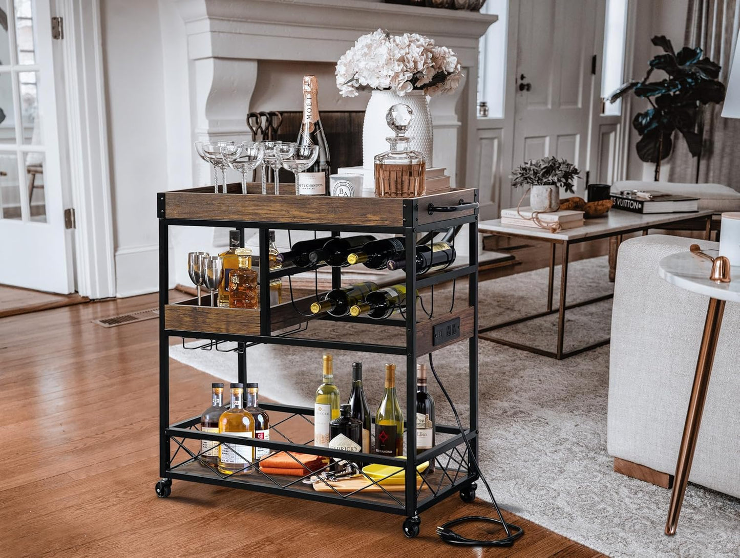 Bar Cart with Power Outlet, Industrial Kitchen Serving Cart with Wine Rack & Glass Holder, Coffee Bar Table Station with Storage, Rolling Cart on Wheels with 59IN Cord, Brown