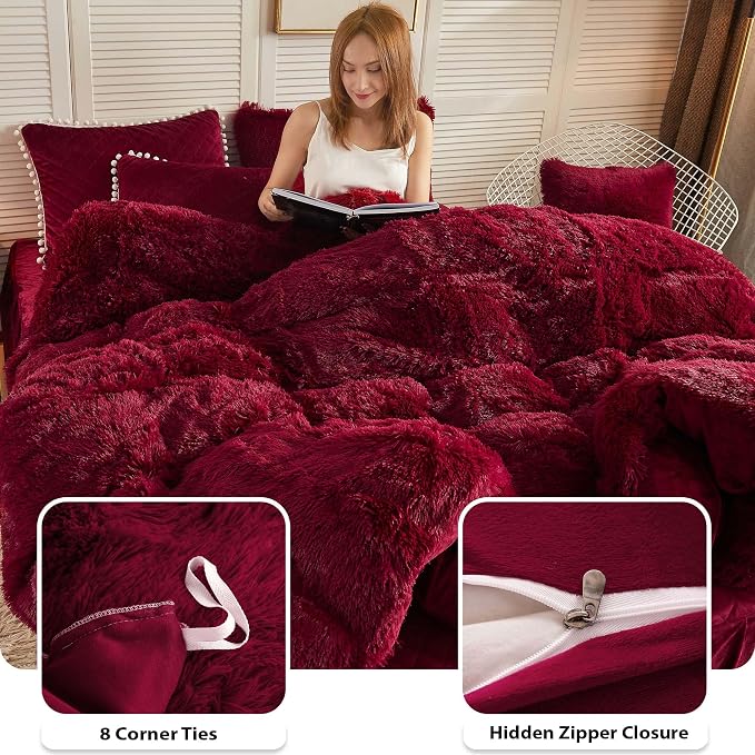 LIFEREVO Luxury Plush Shaggy Duvet Cover Set, Soft Fluffy Furry Duvet Cover Set(1 Fuzzy Faux Fur Comforter Cover+1 Pompoms Pillow Case) Christmas Bedding Set, Zipper Closure(Twin/Twin XL, Burgundy)
