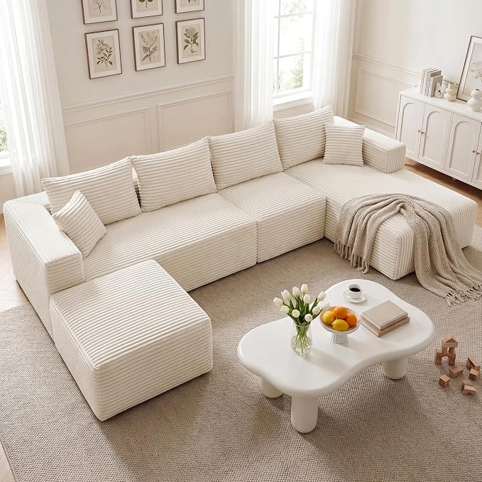 27.56'' Plush Fluffy Corduroy Poofy Ottoman in a Box for Boneless Sofa Couch, Modern Compressed Foot Rest, Small Comfy Rectangle Boneless Pouf Footstool Ottoman for Living Room, Bedroom, Beige