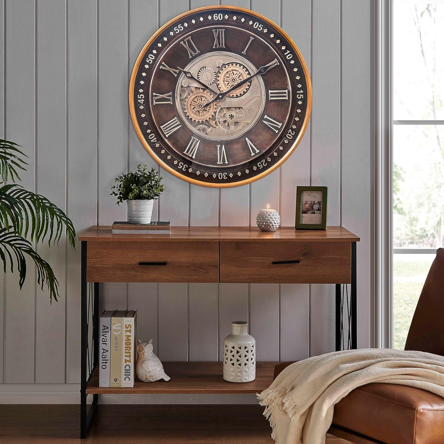 CLXEAST 24 Inch Wall Clock with Moving Gears,Oversized Large Industrial Steampunk Clock, Antique Gold Metal Roman Numeral Wall Clocks for Farmhouse Living Room Decor