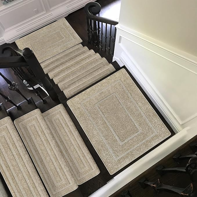 PURE ERA Bullnose Carpet Stair Treads Set Tape Free Non-Slip Indoor Stair Protectors Pet Friendly Rugs 9.5" x 30"(7 Pieces,Cream Gray Rectangular)