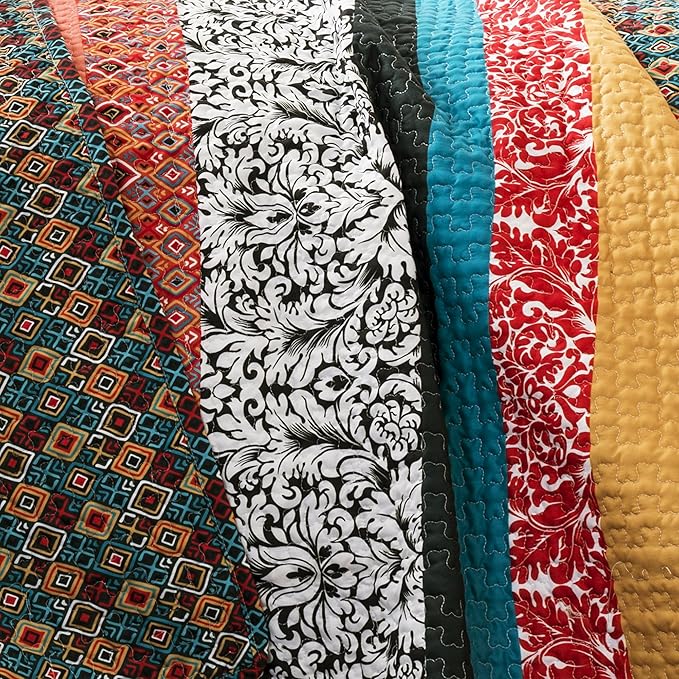 Lush Decor Boho Stripe Reversible Cotton Quilt 3-Piece Set, Full/ Queen, Turquoise & Tangerine - Bold Colorful Bohemian Bedding Set