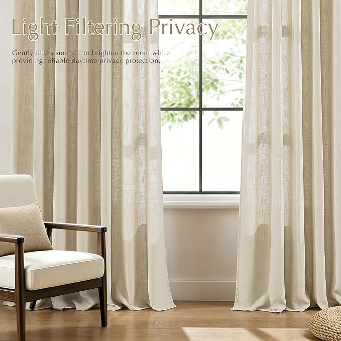 Beige Linen Triple Pinch Pleat Curtains 78 inches Long 2 Panels for Living Room Light Filtering Pleated Curtain Memory Trained with Hooks Rustic FarmhouseNeutral Thick Flax Linen Drapes Apricot