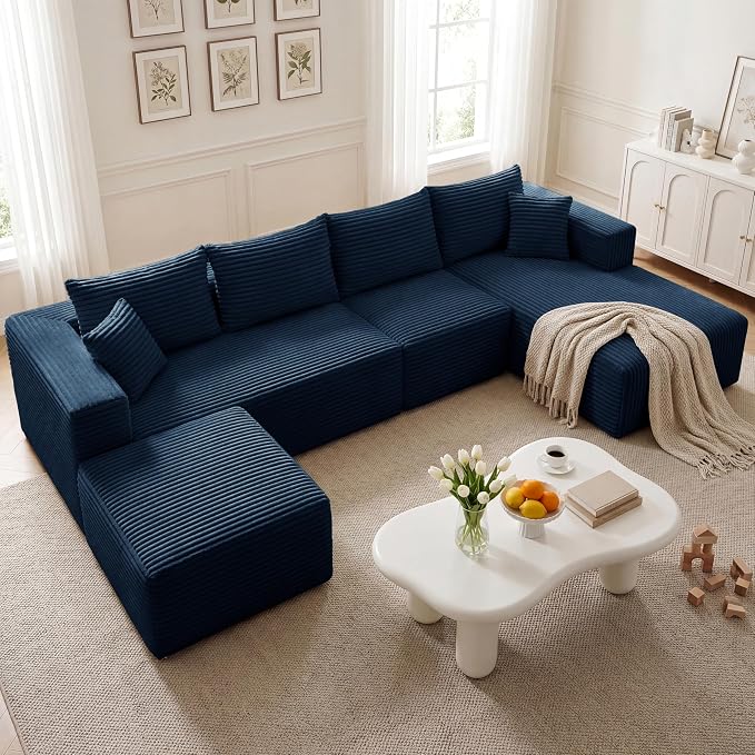 27.56'' Plush Fluffy Corduroy Poofy Ottoman in a Box for Boneless Sofa Couch, Modern Compressed Foot Rest, Small Comfy Rectangle Boneless Pouf Footstool Ottoman for Living Room, Bedroom, Navy Blue