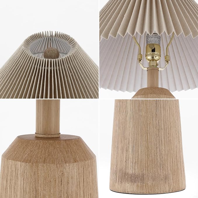 JONATHAN Y 20.5" Beige Wood Finish Resin Cylinder Table Lamp Modern Rustic Scandinavian Bedside Lamp for Living Room Bedroom with Black Pleated Empire Shade LED Bulb Included JYL1146A