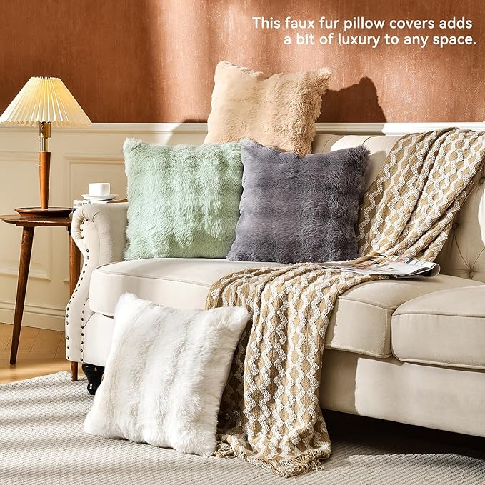 AmHoo Pack of 2 Throw Pillow Covers 3D Dense Faux Rabbit Fur Cozy Super Soft Fuzzy Set Case Cushion for Couch Sofa Bedroom 24 x 24-Inch Camel