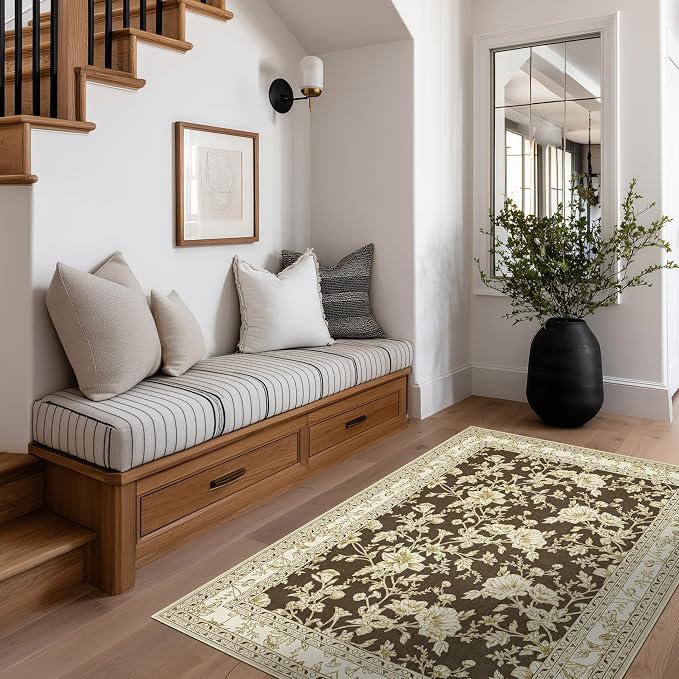 Brown Floral Print Area Rugs for Bedroom Living Room Boho Farmhouse Country Rustic Dining Room Carpet Soft Washable Rugs Non Slip Floor Covering for Nursery Playroom 3x5