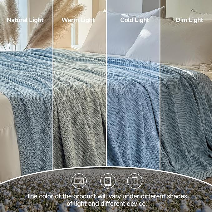 Simple&Opulence 100% Cotton Throw Blanket, Solid Color Cable Knitted Blanket Super Soft Comfortable Breathable Decorative Farmhouse for Couch Sofa Bed, All Season Use(Winter Blue,50x60)