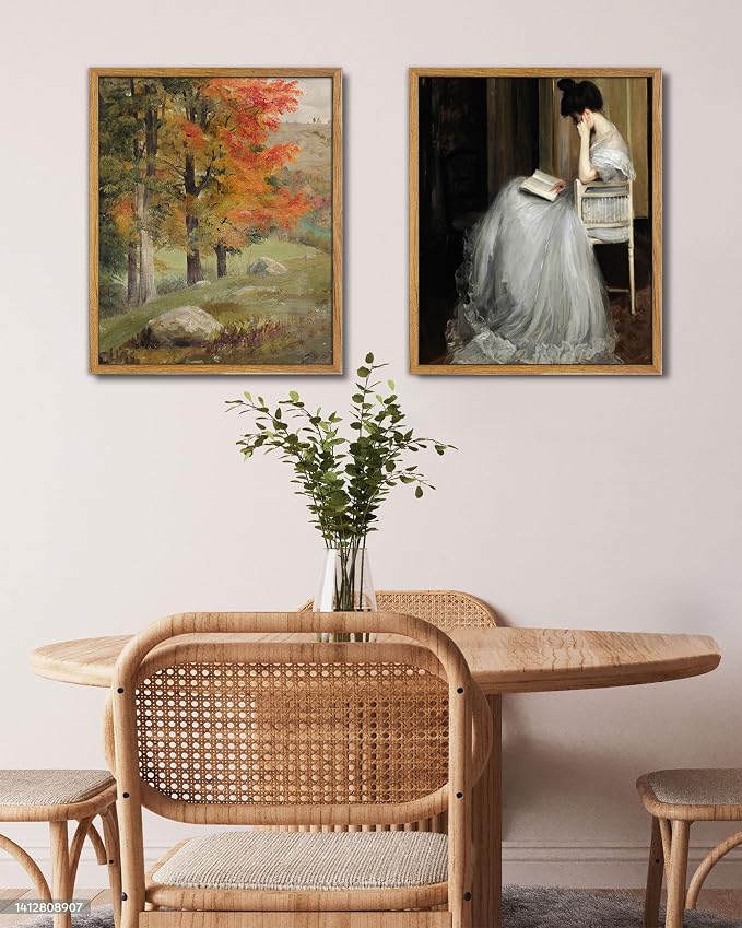 UPWOIGH Autumn Landscape Framed Wall Art, 16 x 24 Inch | Vintage Autumn Tree Landscape Print, Warm Fall Tones, Oil Painting Style, Warm Wood Frame for Bedroom and Office
